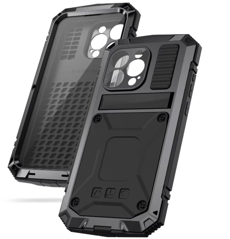 For iPhone 15 Pro Max 15 Plus 15 Shockproof Aluminum Metal Case Heavy Duty Protective Cover Screen Protector Built-in Kickstand