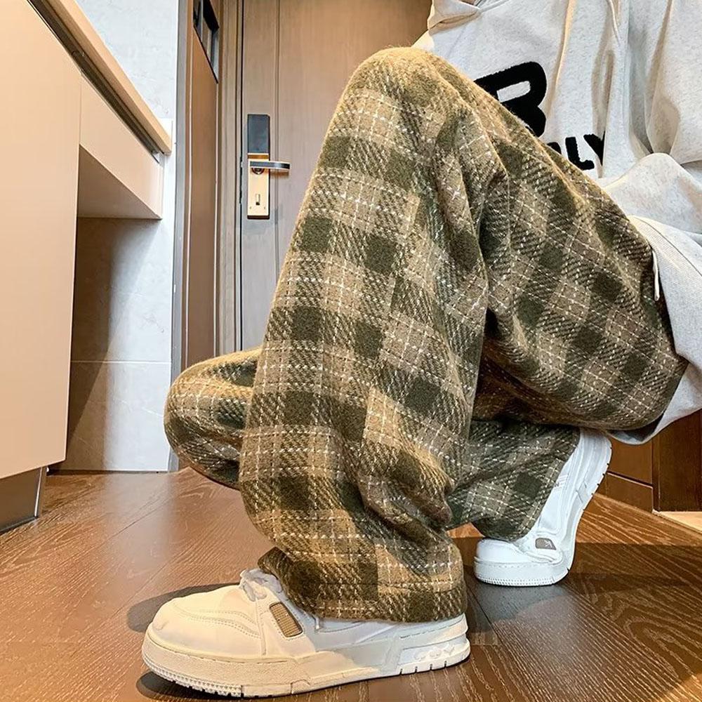 Y2K pantaloni scozzesi verdi vintage uomo Harajuku pantaloni invernali a gamba larga pantaloni sportivi Casual oversize maschili streetwear abiti coreani