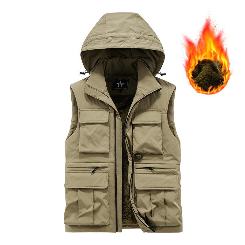Autumn and Winter Men's Middle-aged Velvet Thickened Vest, Base Warm Casual Vest, Multi-pocket Outdoor Sports Vest