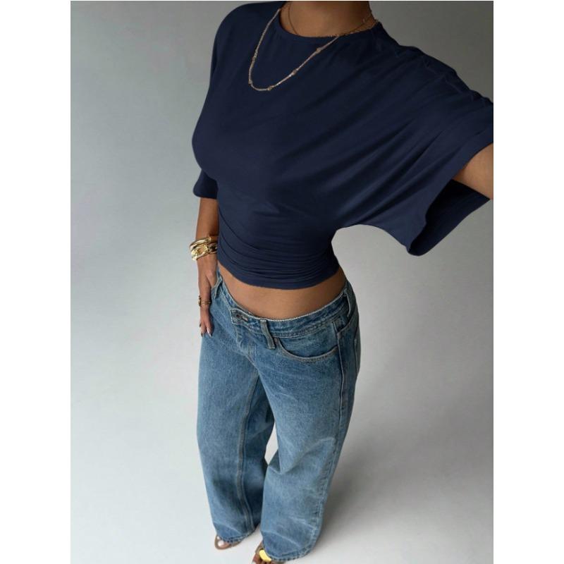 IHUASU Damen Mode Lässig O-Ausschnitt Kurzarm Blusen & Hemden