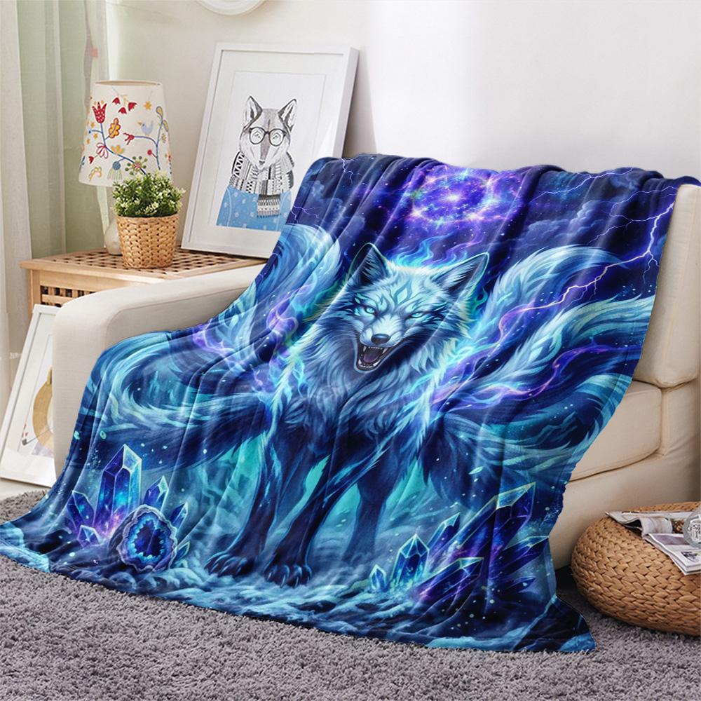 1Pc Nine-tailed Fox Print Flannel Blanket, High Quality Comfortable for All Seasons, Home Decor, Warmth and Comfort, Perfect for Christmas Gifts
