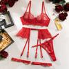 Fashion Red Valentine's Day sexy underwear women's heavy industry embroidery transparent hollow bra garter four-piece set