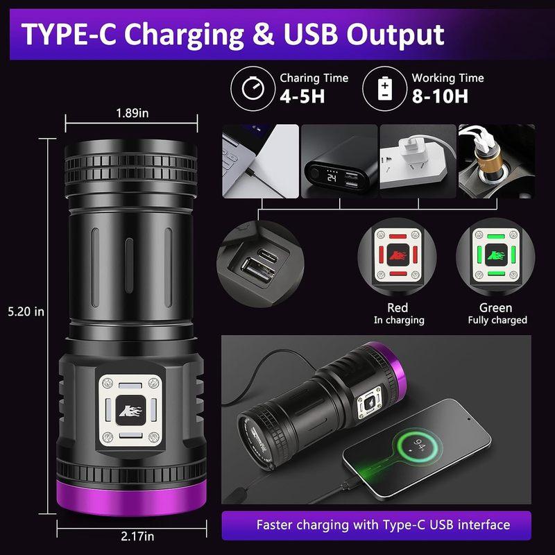 120W 395NM UV Blacklight Flashlight 9-Core LED USB Rechargeable Torch for Pet Urine Detection Scorpion Hunting