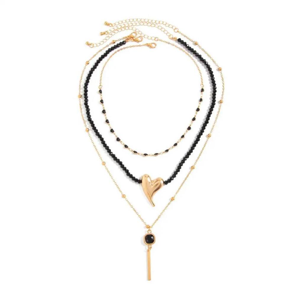 SHIXIN 3Pcs Goth Y2K MultiLayer Exquisite Black Crystal Heart Pendant Clavicle Chain Necklace Women Aesthetic Jewelry Accessory