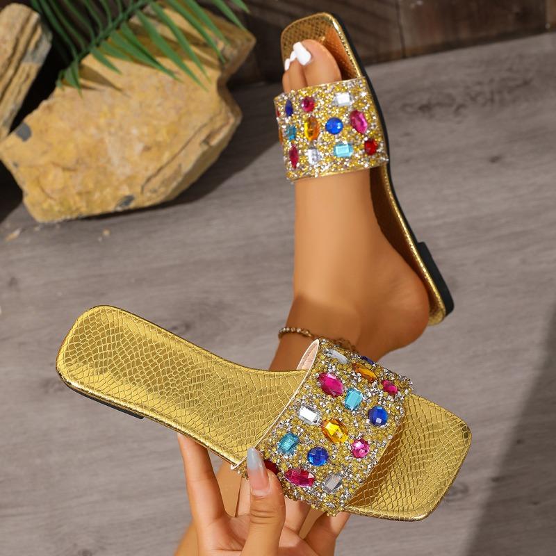 Women's Plus‑Size Colorful Rhinestone Slide Sandals, Ladies Outdoor Summer Fashion Square‑Toe Flat One‑Strap Rhinestone Slippers