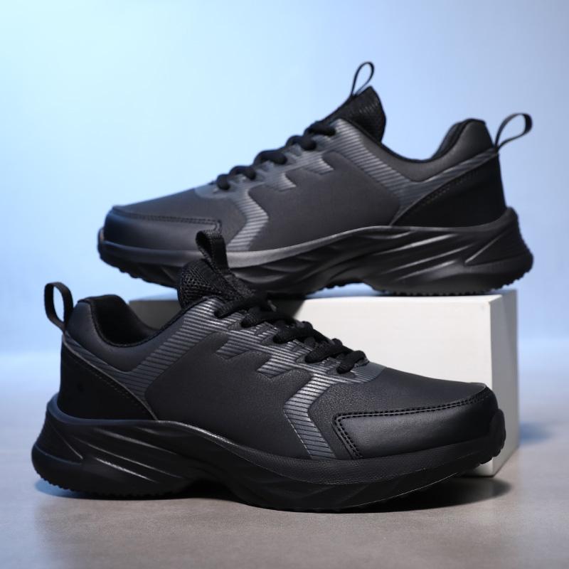 Waterproof Leather Chunky Sneakers for Women, Running Shoes Casual Sports Shoes Black Trainers Autumn Spring