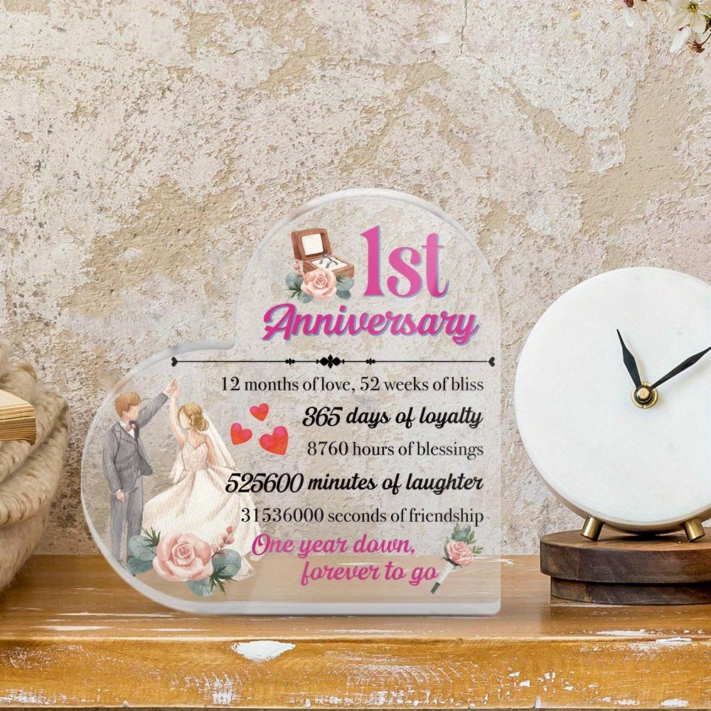 1pc Heart Shaped Acrylic Sign - 1st Anniversary Decor with '12 Months of Love, 52 Weeks of Bliss' Engraved Message, Romantic Couple & Floral Design