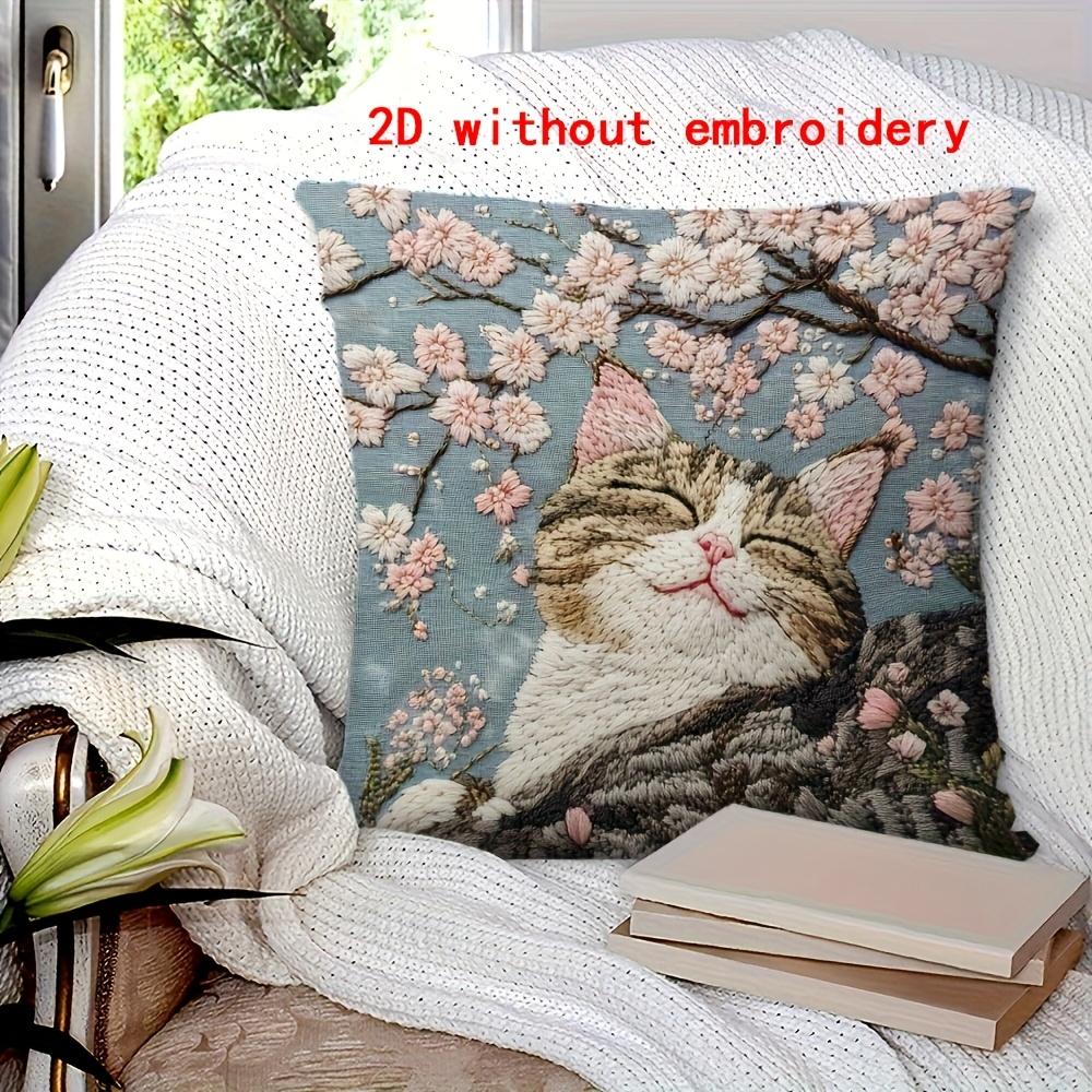 Cherry Blossom Cat Pillow Cover 2D Faux Embroidery Print Japanese Sakura Floral Cushion Case For Sofa Bed Couch Home Decor