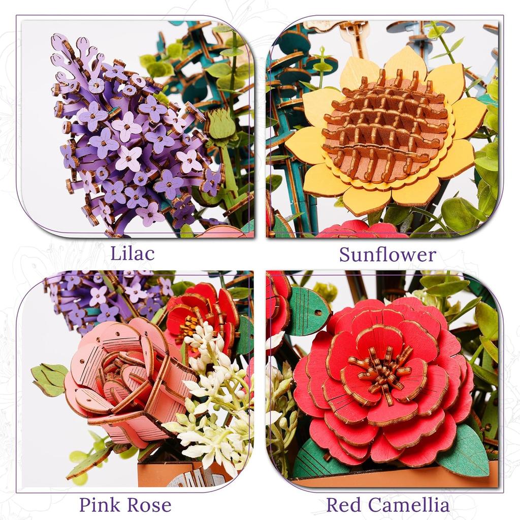 Robotime Flowers 3D Wooden Puzzle Artificial Bouquet Model Kits Wooden Puzzle Construction Kit Women Valentine's Day Birthday
