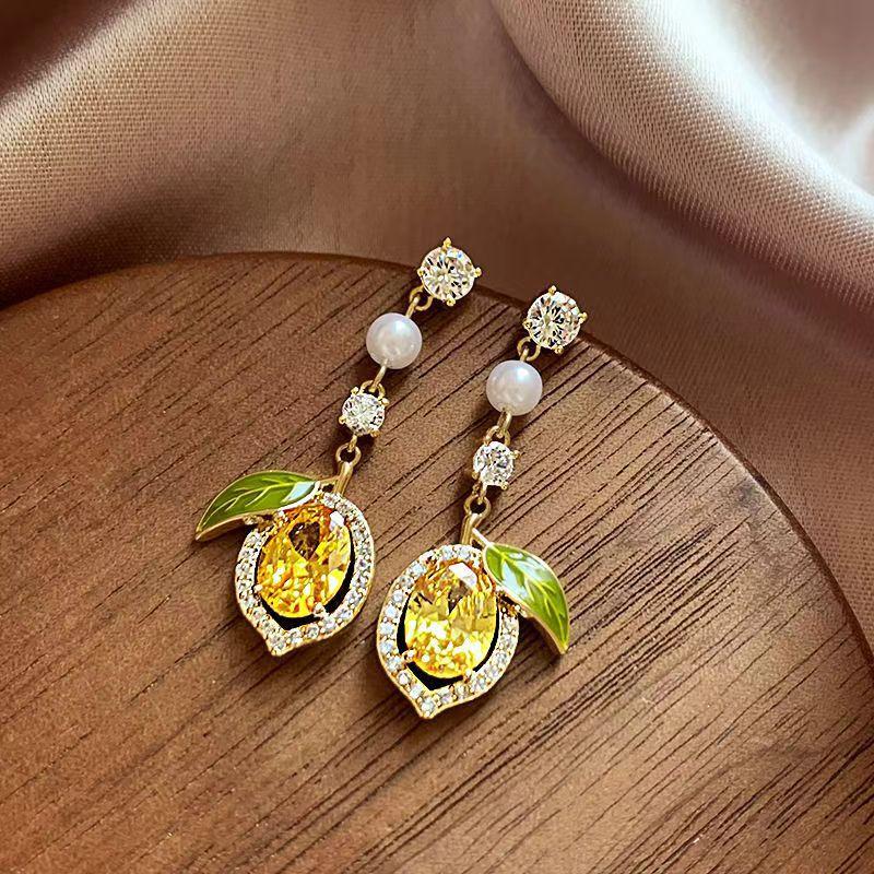Exquisite Yellow Zircon Lemon Earrings For Women Fashion Personalized Daily Accessory Party  Birthday Anniversary Gifts