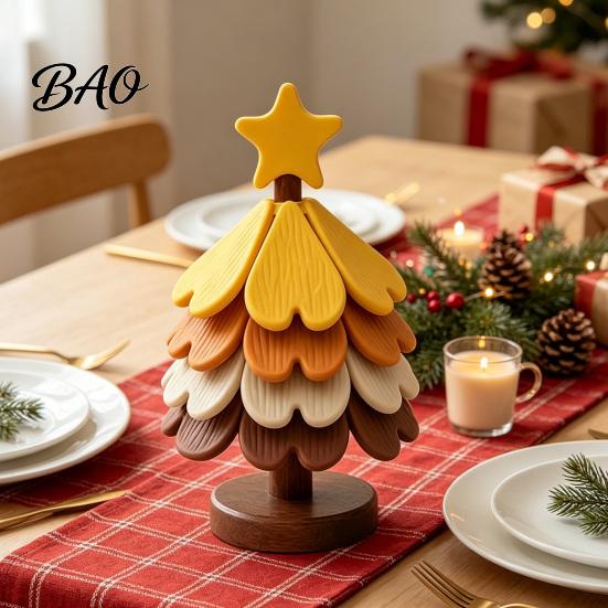 Rustic Kitchen Accessory Christmas Tree Shaped Silicone Trivet Set, Collapsible Heat Resistant Hot Pad Table Organizer with Storage Stand, Space