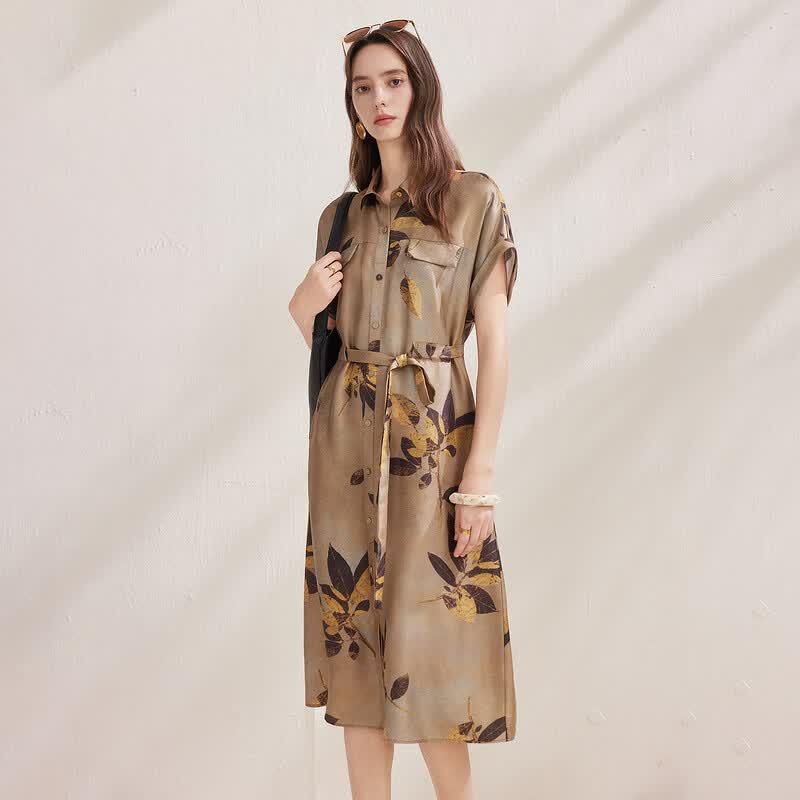 Zhaojun Women's Silk Lapel Short Sleeve Midi Dress