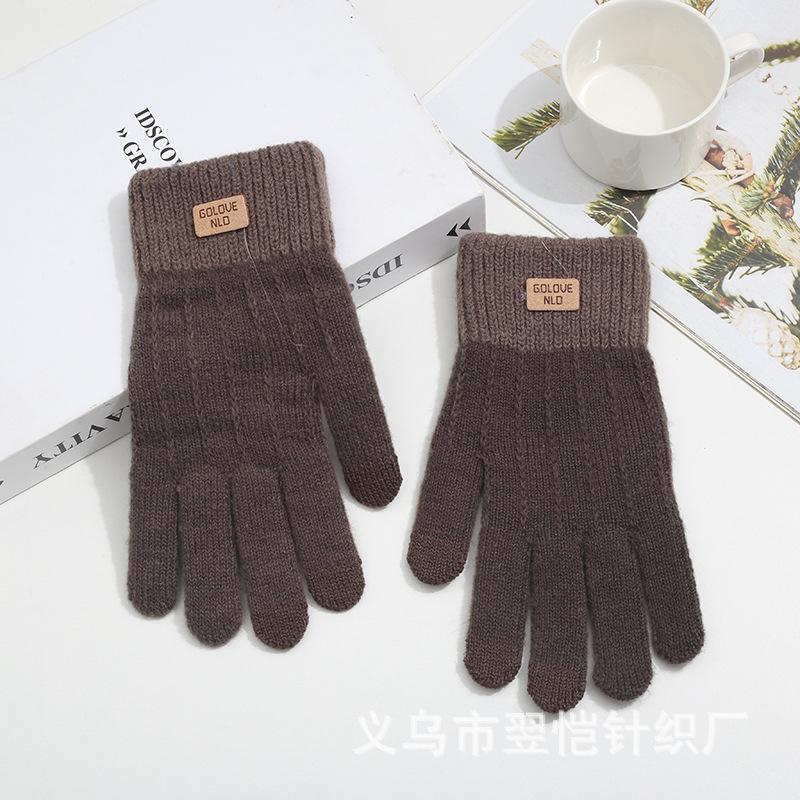 Fleece thickened warm and cold-proof five-finger gloves, riding fleece students winter windproof jacquard knitted gloves
