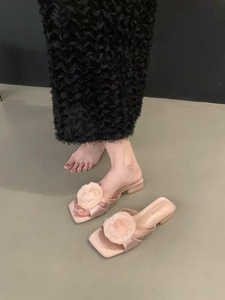 Soft Leather Version~ Pink Flower with Skirt Slippers Female Summer New French Gentle Fairy Evening Breeze Vacation Thick Heel