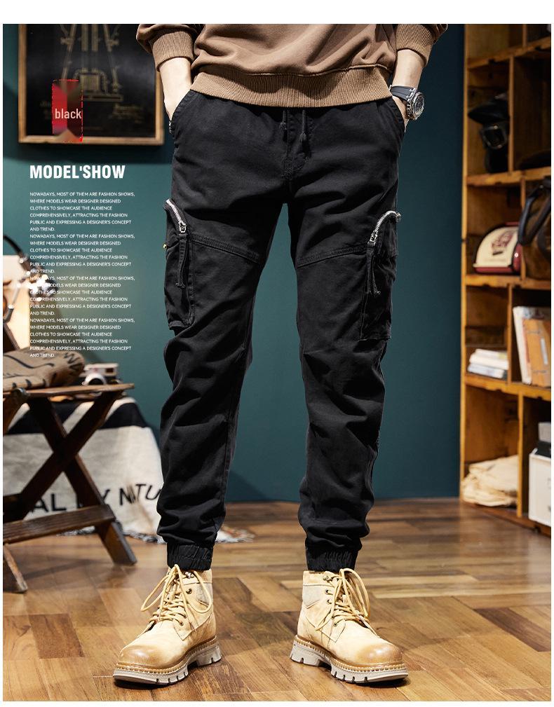Men's American Retro Zipper Multi-Pocket Versatile Cuff Cargo Pants 7608