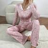 Women's European & American Style Printed Pajama Set: Long Sleeve Top & Long Pants, Casual Home Wear, Wearable Outdoors.