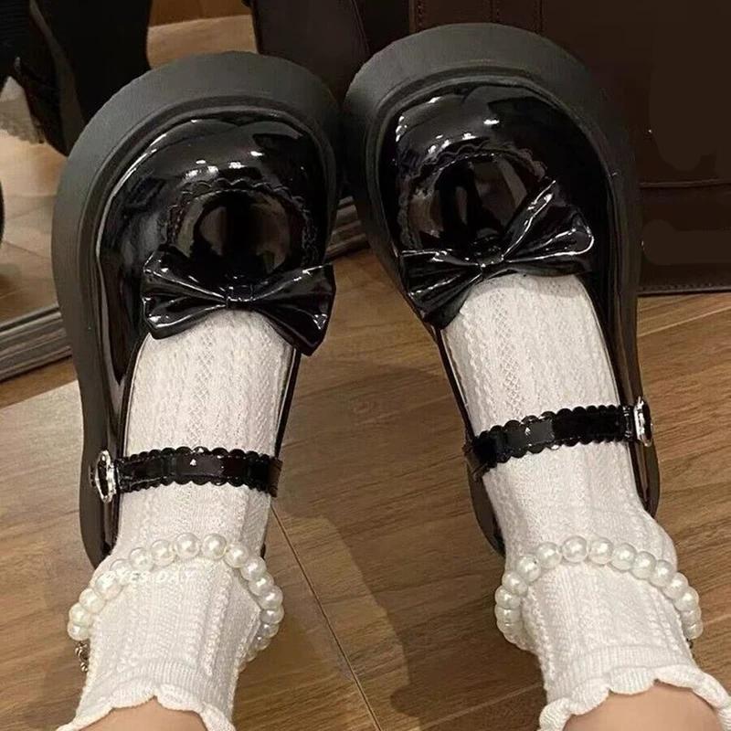Fashion ZOKI Lovely Pearl Strap Lolita Shoes for Women Sweet Bowtie Platform Mary Janes Woman Patent Leather Non-Slip Cute Flats 2025