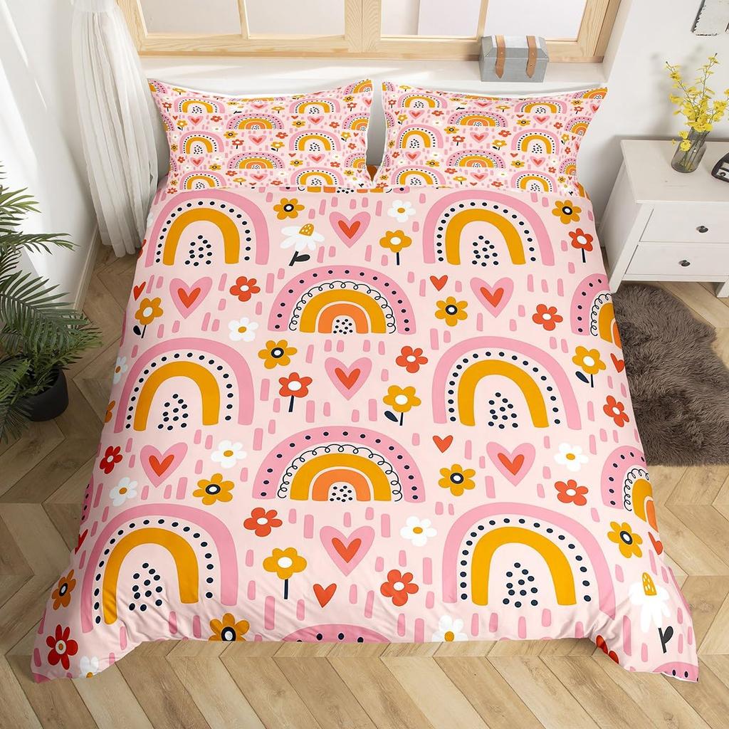 Rainbow Comforter Cover Watercolor Hand Drawn Duvet Cover Cartoon Raindrop Kawaii Bedding Set Girl Crown Love Hearts Quilt Cover