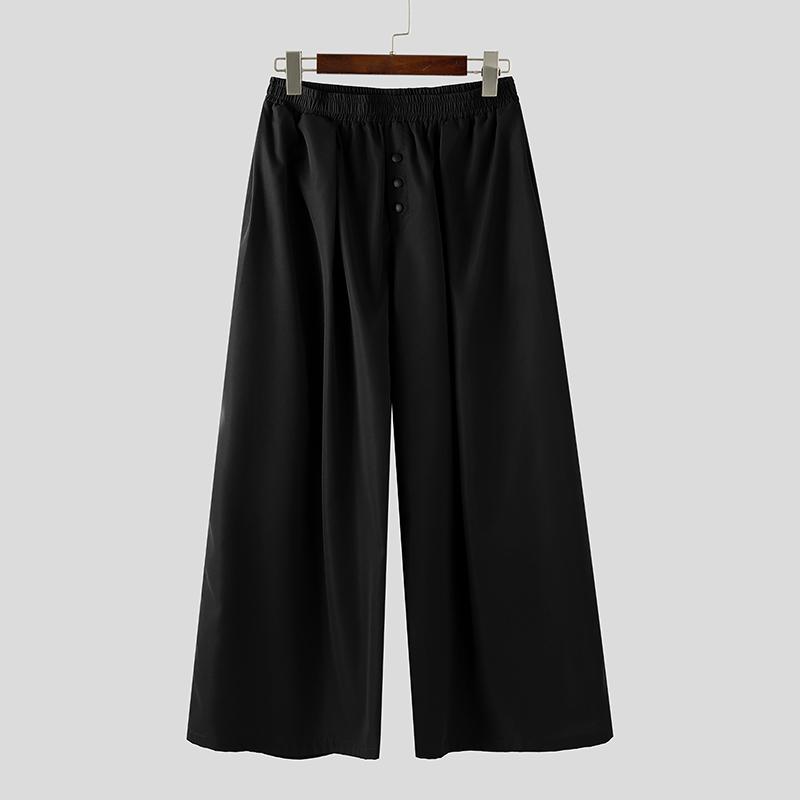 INCERUN Men Casual Elastic Waist Solid Wide Legs Pants Long Trousers with Pockets