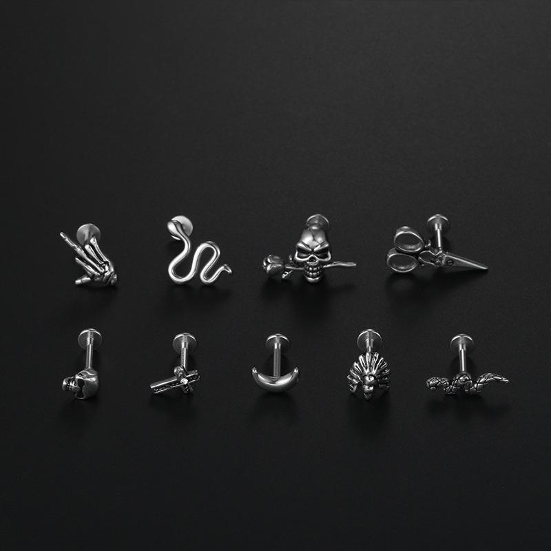 16G Stainless Steel Moon & Snake Nose and Lip Piercing Studs