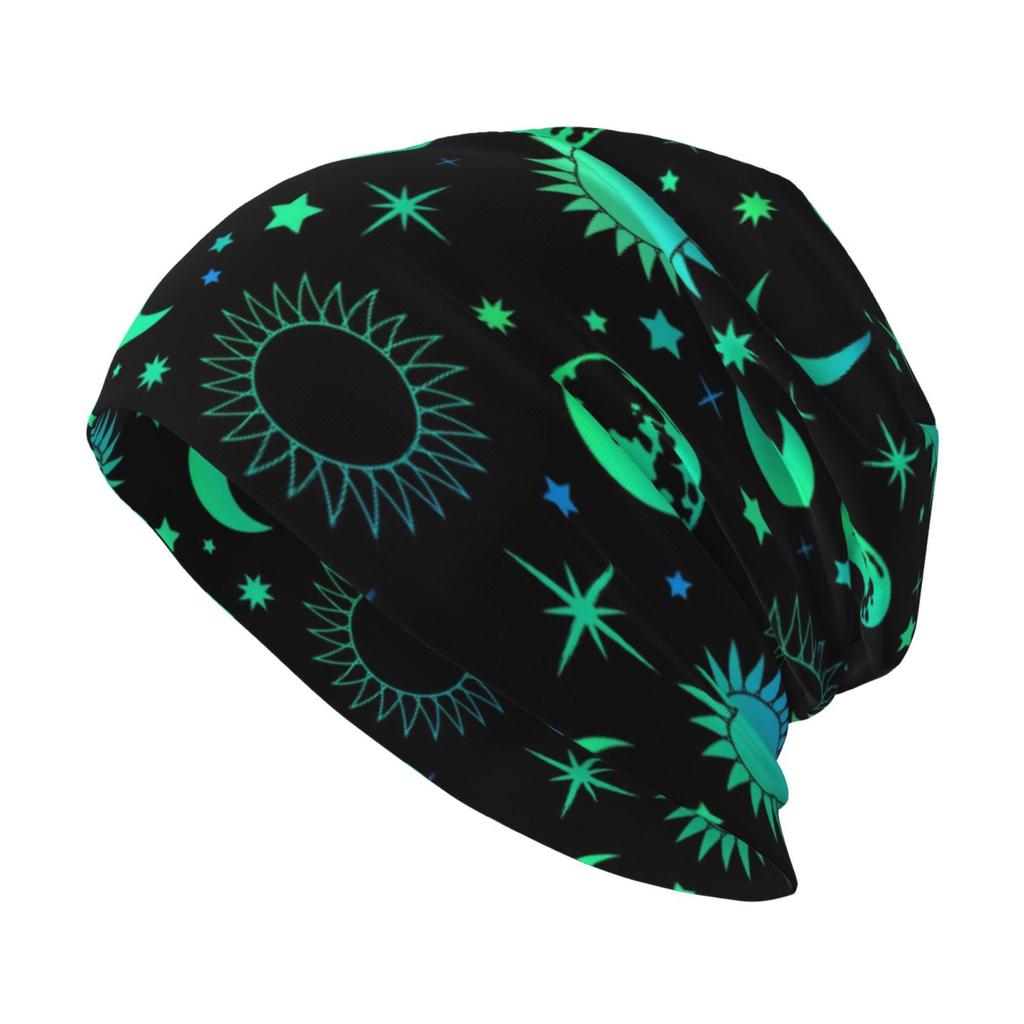Retro Neon Green Mysterious Sun Moon Knitted Hat Soft and Comfortable Adult Fashion Outdoor Activity Travel Knitted Hat