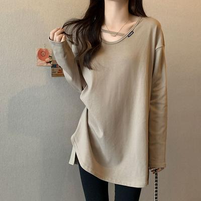 Cotton Design V-neck Medium-length T-shirt Women Long-sleeved Spring and Fall Within The Loose Foreign-style Open Tops