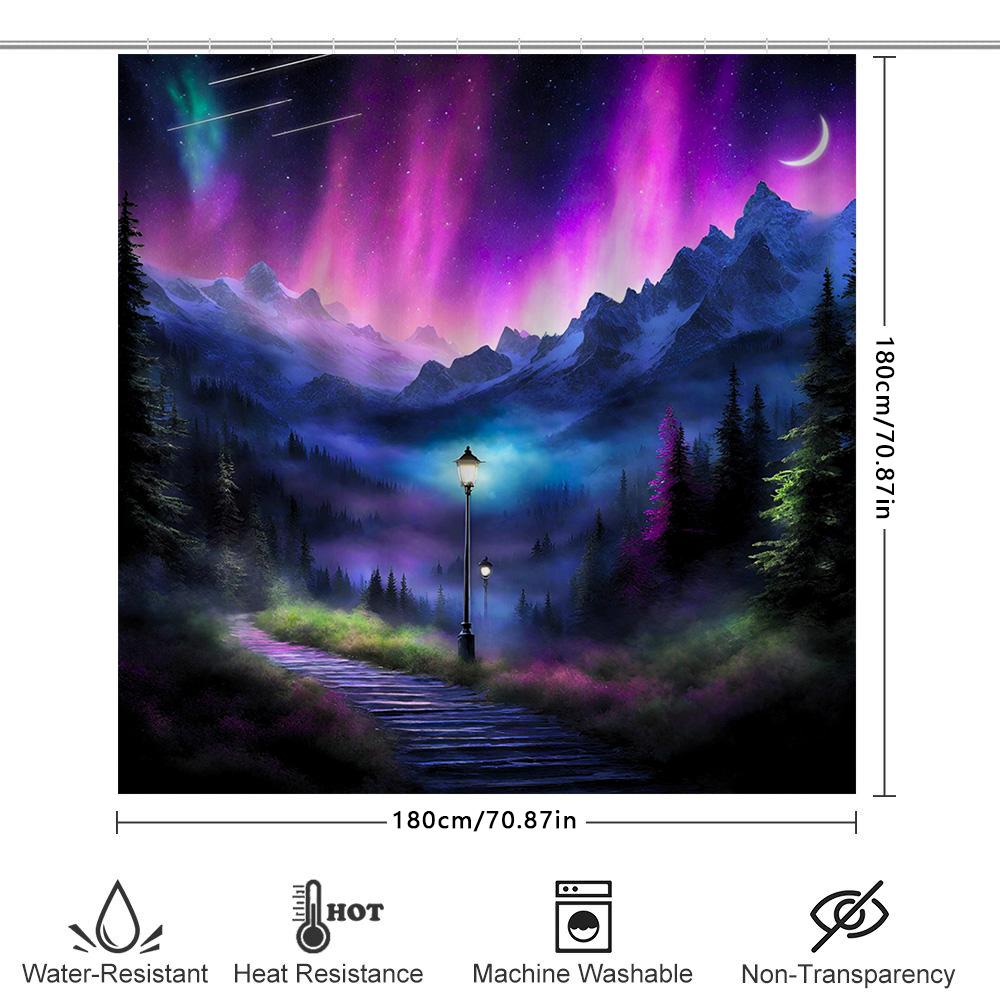 Colorful Mountain Landscape Shower Curtain 3D Printed Bath Decor With Lamp Post Print For Home Decoration.