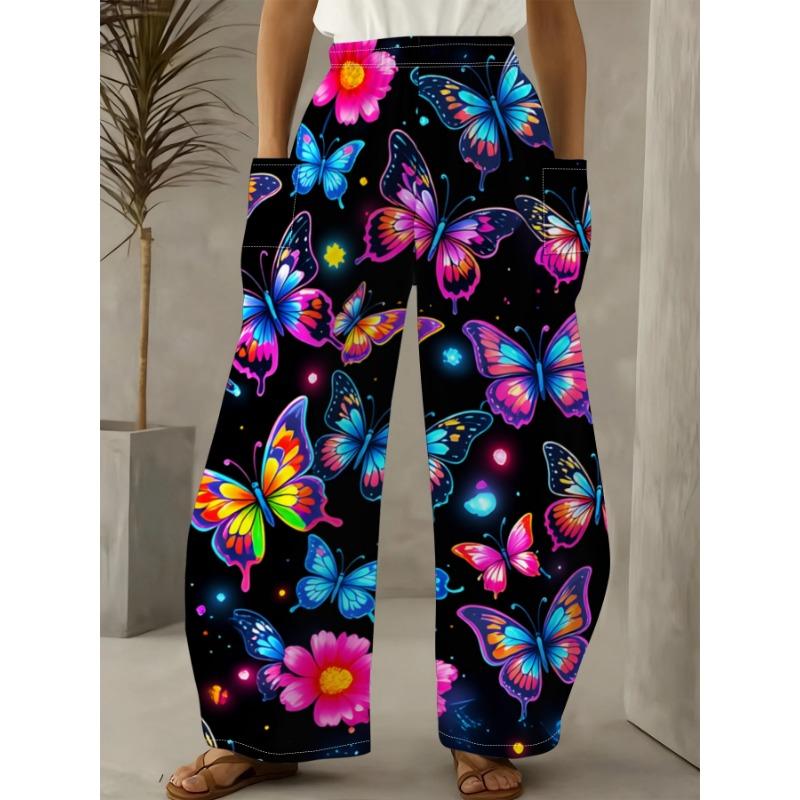 Neon Butterfly Graffiti High Waist Draped Wide Leg Pants
