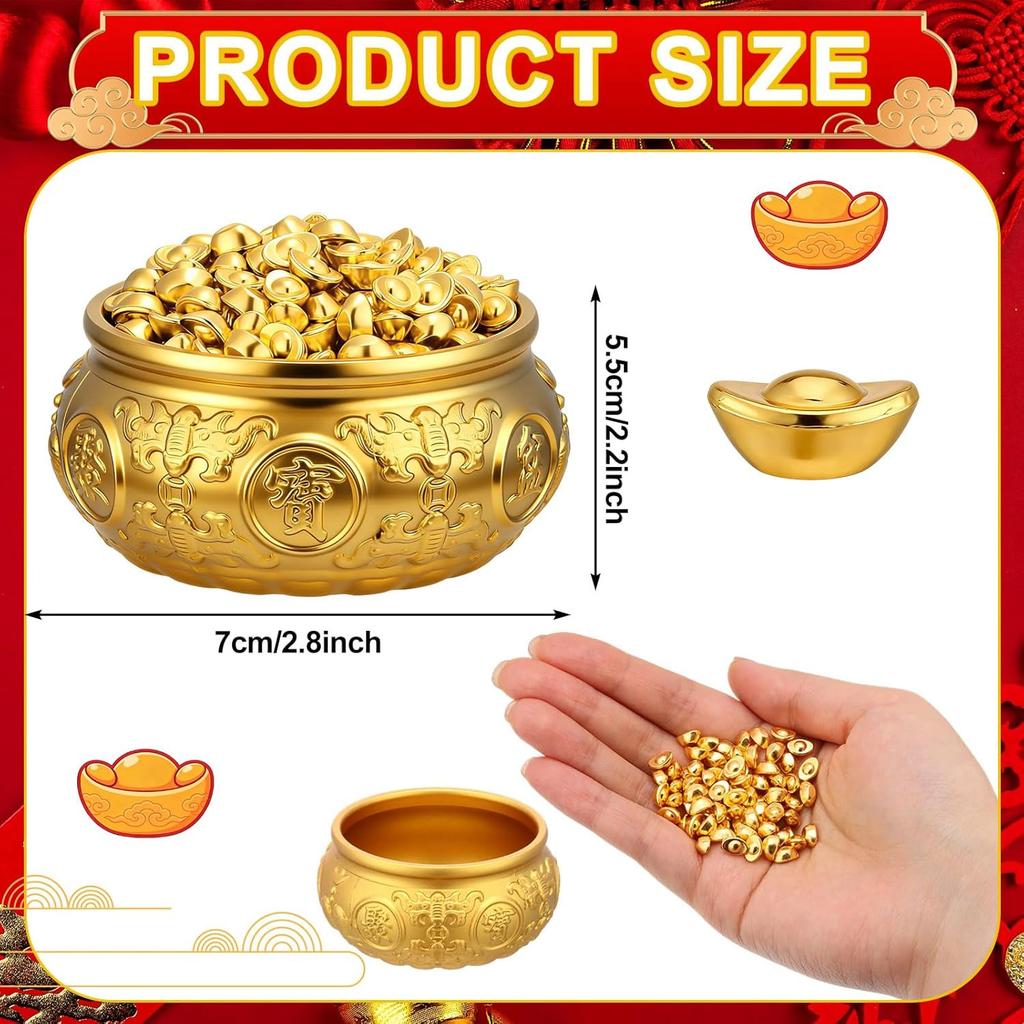 Golden Treasure Basin with 400pcs Ingot Yuan Bao Good Luck Wealth Prosperity Figurine for Home Office Decor Housewarming Gift