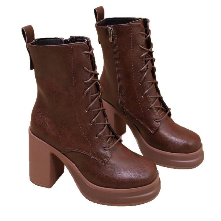 2025 Winter New Slimming Retro High-heeled Fashion Boots Women's Plus Size Thick Heel Side Zipper British Style Booties