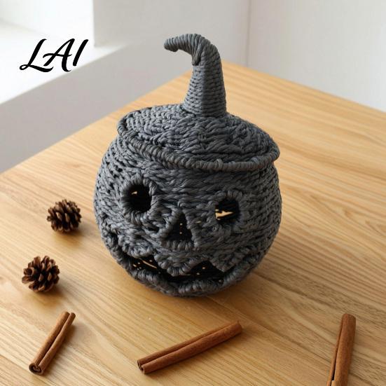 Retro Dark Style Living Room Decor Handwoven Pumpkin Lantern Vintage Rustic Halloween Decor Hollow Smile Versatile Window Display Props Face Storage