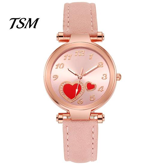 Quartz Watch Women Heart Dial Plate Anti-Scratch Faux Leather Girls Casual Wristwatch for Travel Love