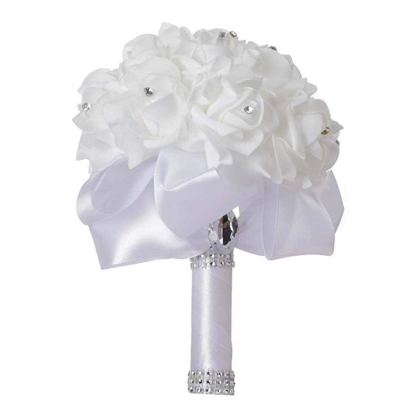 Artificiale rosa nuziale fiori di contenimento bouquet da sposa bouquet bianco per la sposa bouquet da sposa per damigelle d'onore con nastri morbidi diamantati