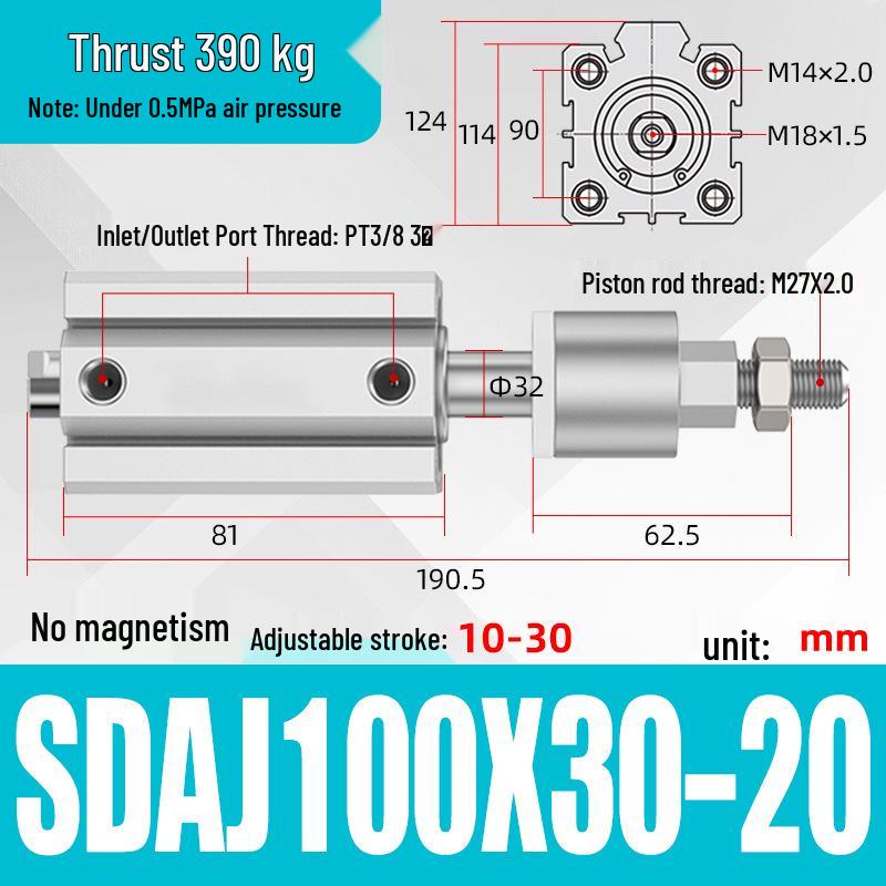 Adjustable Stroke Pneumatic Thin Cylinder - Piston Rod Sizes: 16/20/25/32/40/63