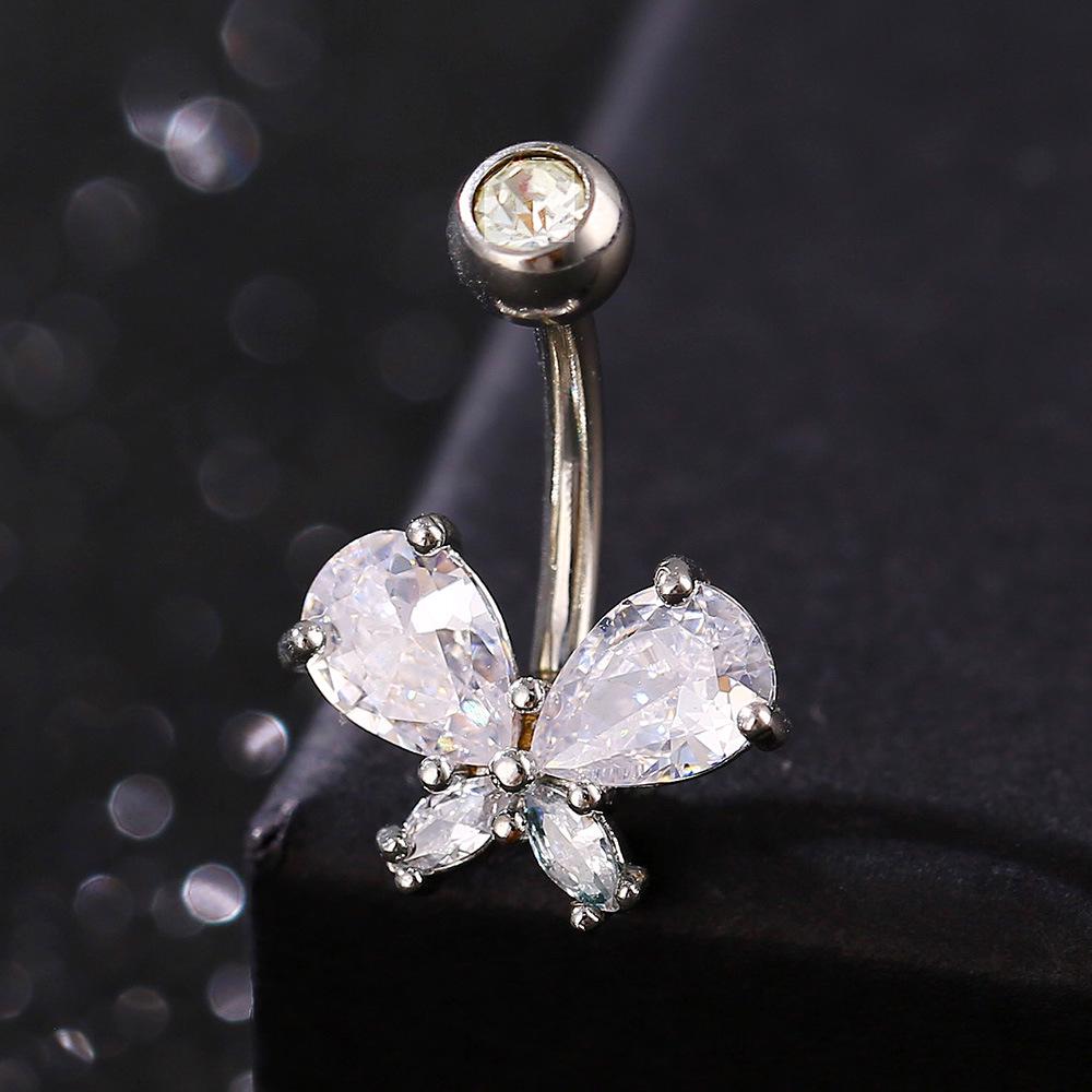 Zircon Butterfly Inlay Belly Button Ring - European & American Style, Stainless Steel Navel Piercing Jewelry.