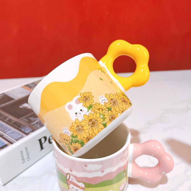 Cute Creative Rabbit Spring Outing Water Cup Drawing Handle Cartoon Ceramic Cup Mug