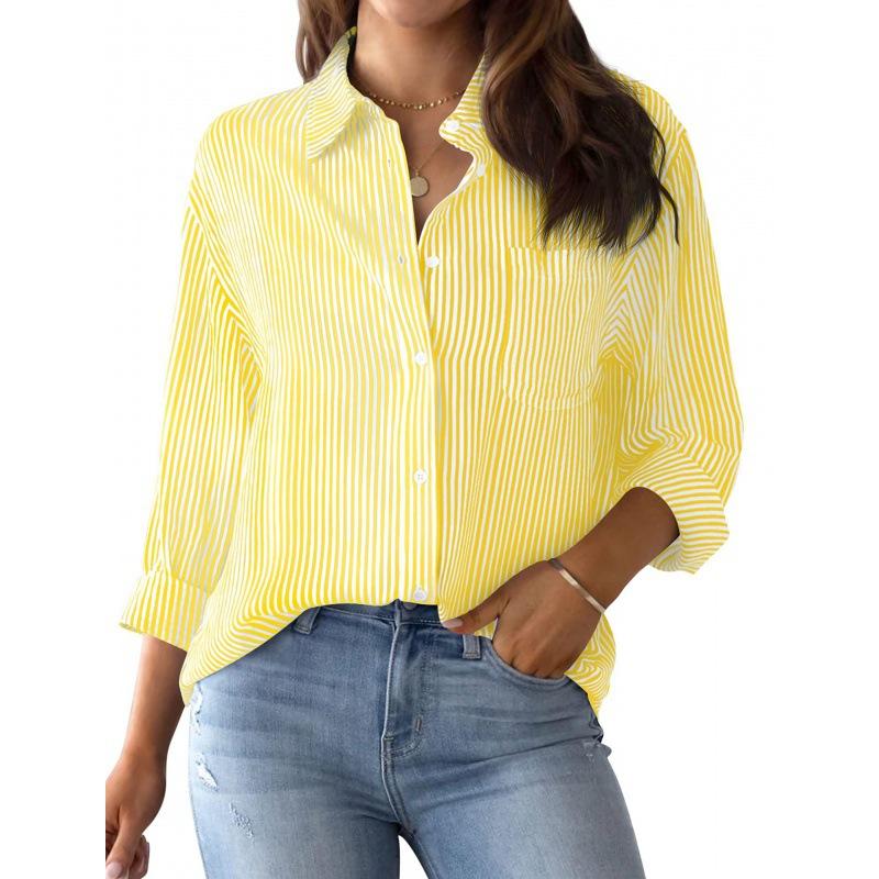 Women's Classic Striped Long Sleeve Button-Up Shirt with Pocket for Office Work Stylish Top Casual Businesswear