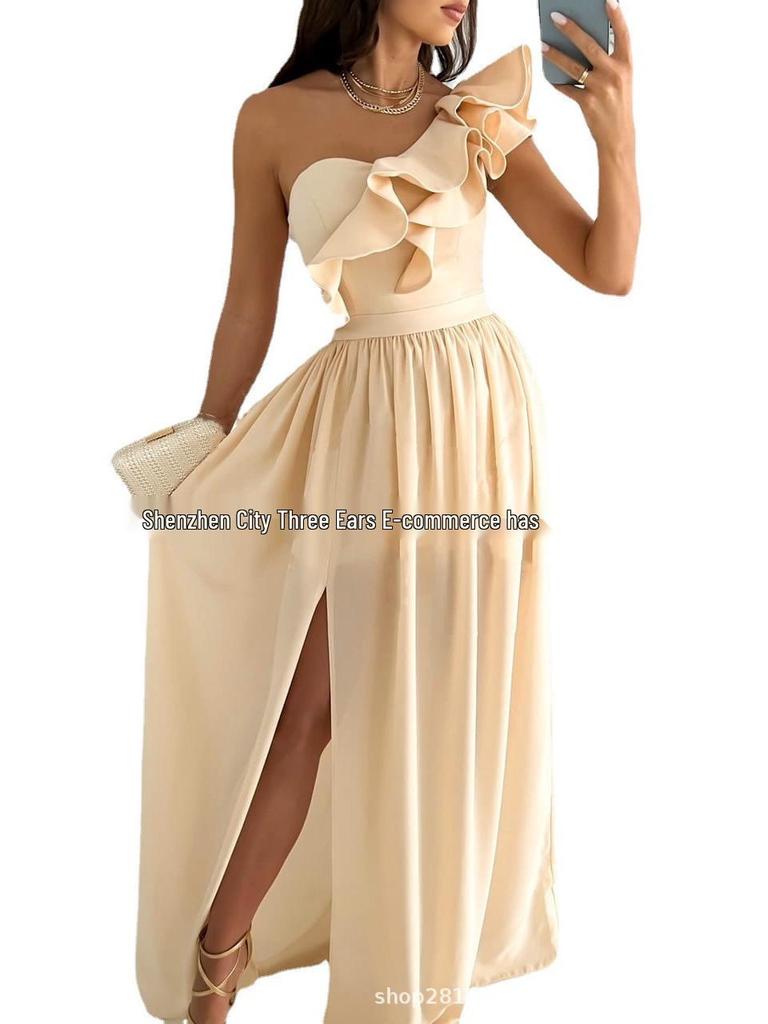 2022 Sleeveless Ruffle Hem Slit Dress - European & American Women's Style