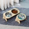 Cat And Dog Feeding Bowls Anti-Tip Bowls Stainless Steel Pet Bowls With Wooden Supports Neck Protection Design 2 In 1 Water Bowl