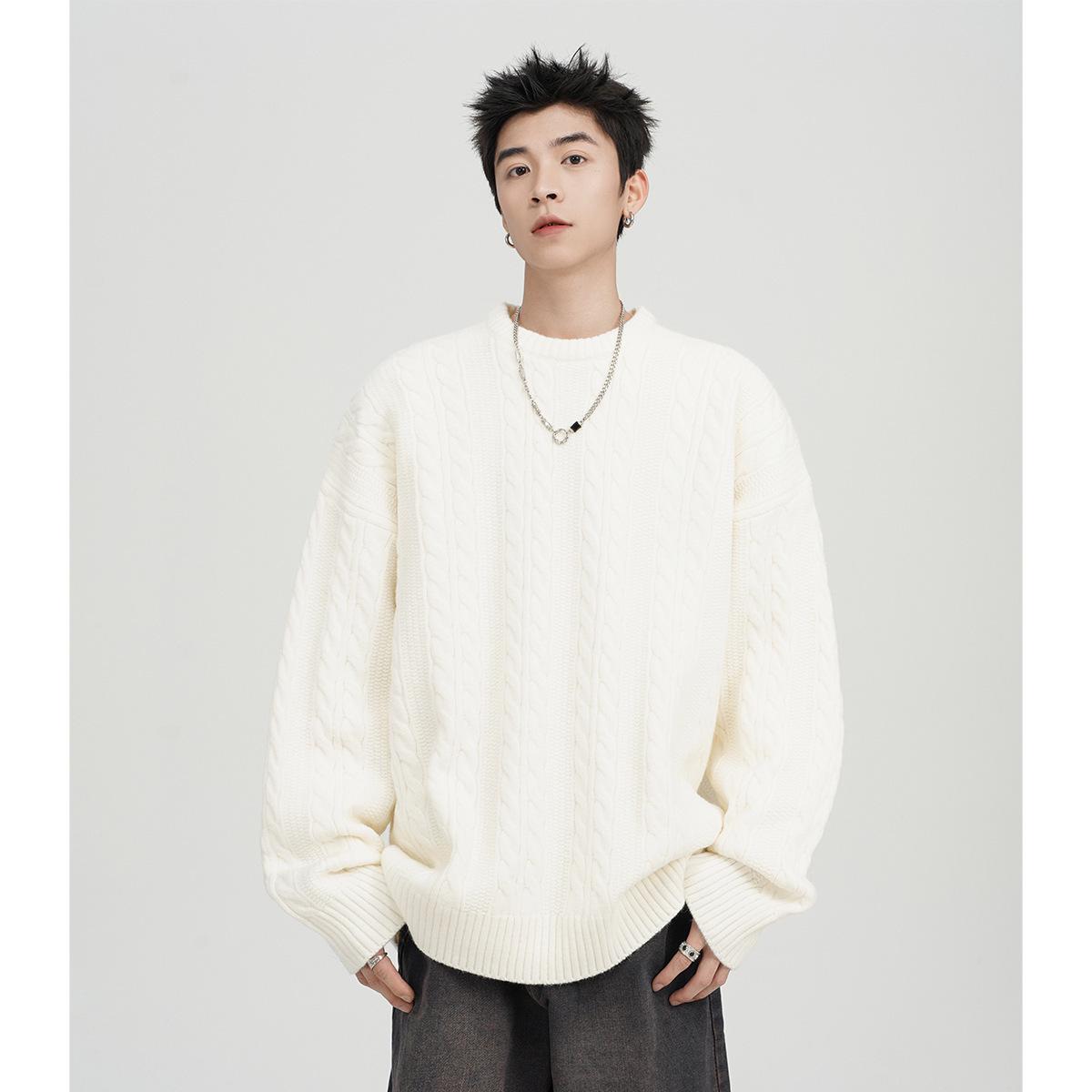 

Men s Retro Cable Knit Crew Neck Sweater – Loose Fit, Trendy Autumn/Winter Hong Kong Style 2XL білий