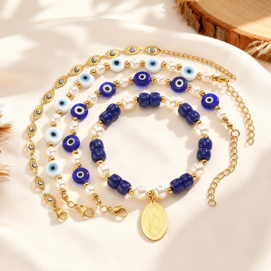 Stainless Steel Virgin Mary Bracelet for Women,Beads Chain Bracelets,Turkey Evil Eye Bracelet,Lucky Wealth Jewelry Gift