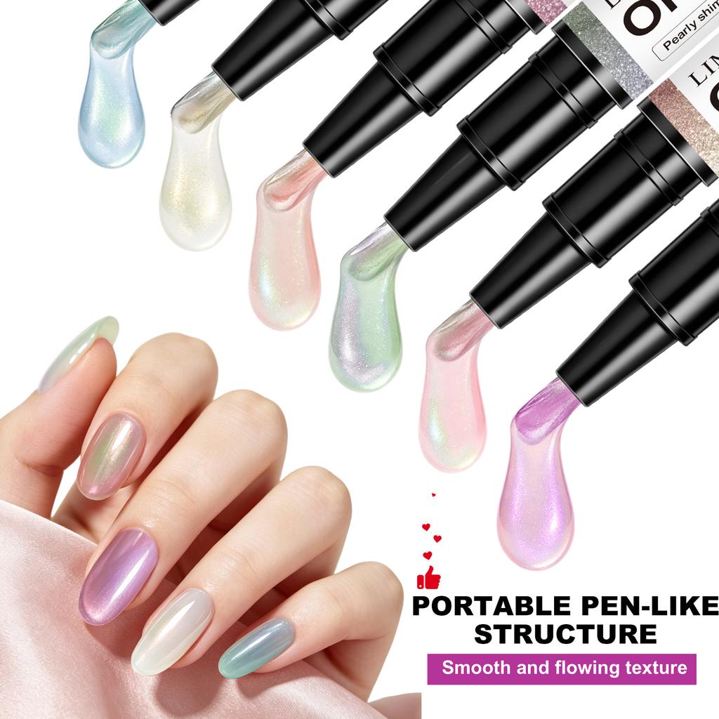 Ice Clear 3-in-1 Aurora Shell One-Step Gel Nail Polish Pen Quick Dry Long-Lasting Manicure Tool 6pcs