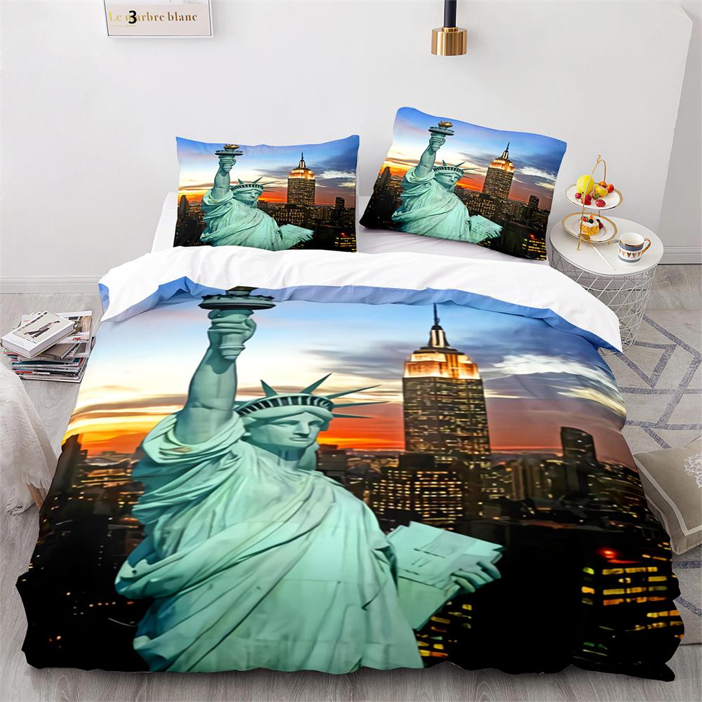 American City Landscape Duvet Cover Set Statue of Liberty Pattern King Queen Size Comforter Cover for Teen Polyester Bedding Set