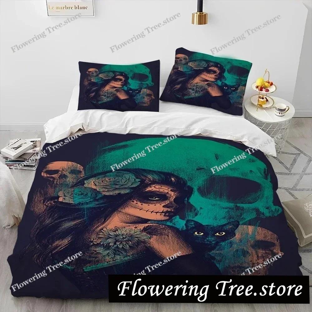 3D Horror Gothic Vrouwelijke Schedel Dood Meisje Dekbedovertrek Beddengoedset, Dekbedovertrek Bedset Quiltovertrek Kussensloop, Queen Size Beddengoedset