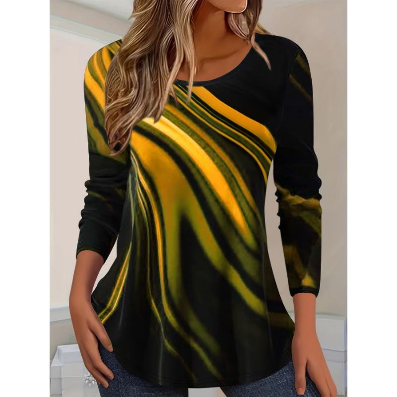 Large Abstract Print Casual Round Neck Long Sleeved T-shirt for Women's Plus Size Clothing