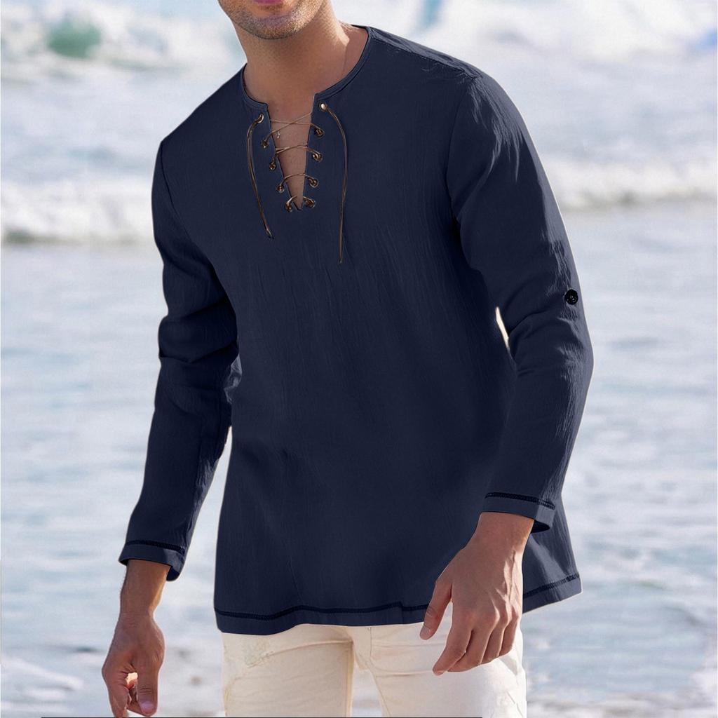 Men's Casual And Fashionable Cotton And Linen Solid Color Round-neck Long-sleeved