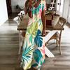 Women Plus Size V Neck Short Sleeve Tropical Leaf Printed Straight Long Dress