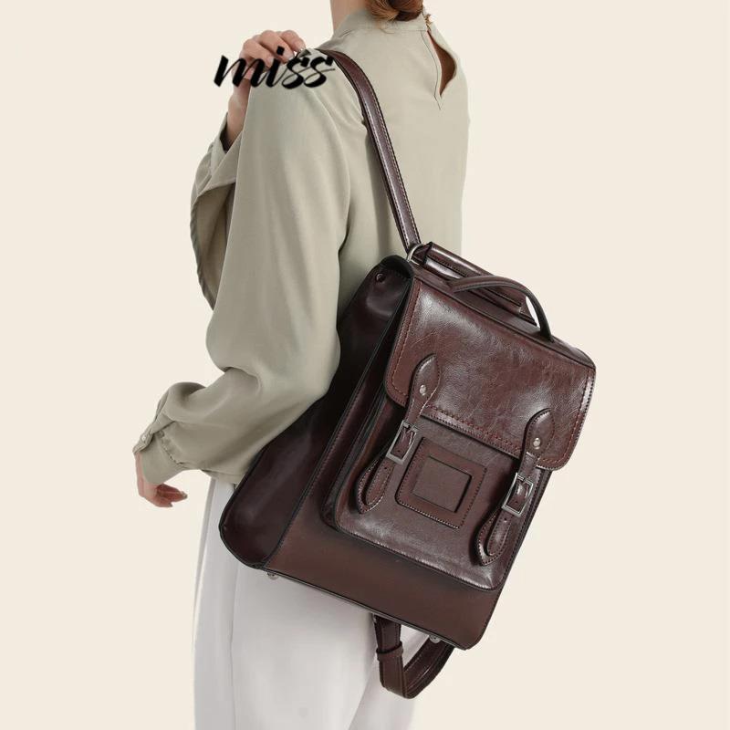 Leather Women's Backpack Lightweight Trendy Retro British Style Cambridge Bag Large Capacity Back