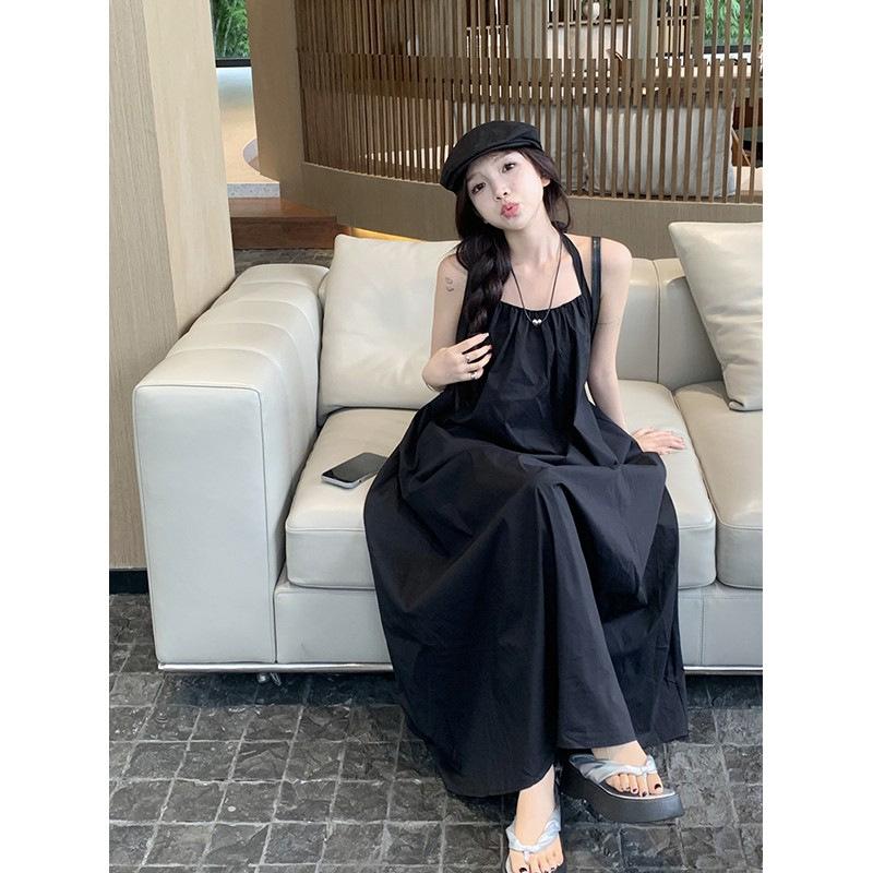 Seaside vacation style white suspender dress women's summer sexy backless loose and thin beach neck long skirt