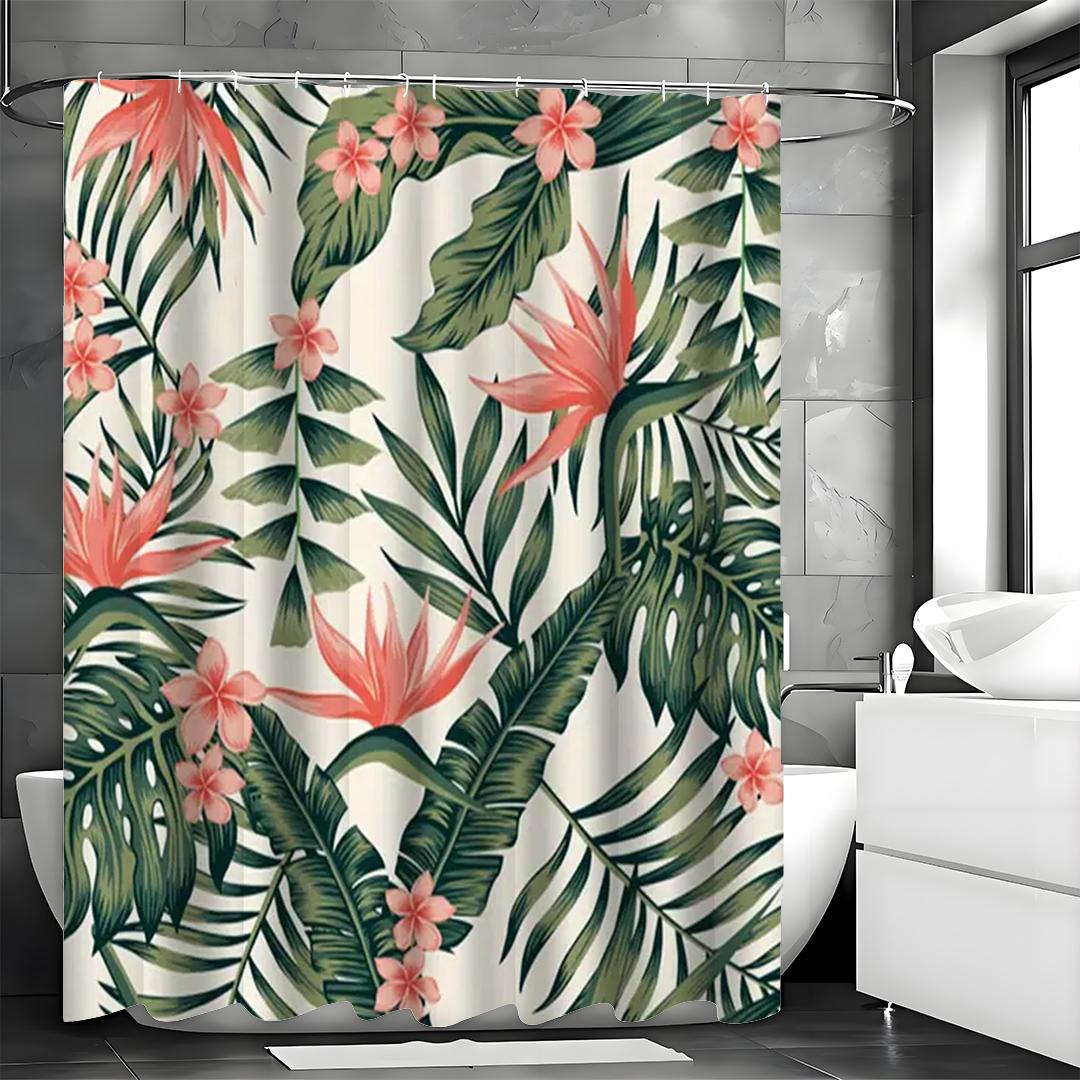 

Tropical Botanical Shower Curtain, Green Palm Tree Banana Leaf Pink Floral Rainforest Botanical Natural Vintage Bohemian Style F 90*180cm